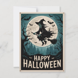 Halloween Spooky Witch Flying Across a Full Moon Postcard