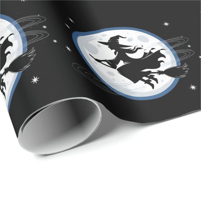 Halloween Spooky Witch Flying Across a Full Moon   Wrapping Paper (Roll Corner)