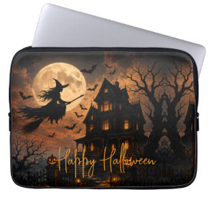 Halloween Spooky Witch Flying Over Haunted House Laptop Sleeve