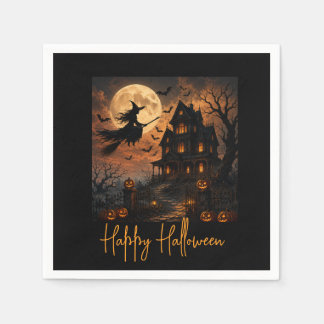 Halloween Spooky Witch Flying Over Haunted House w Napkin