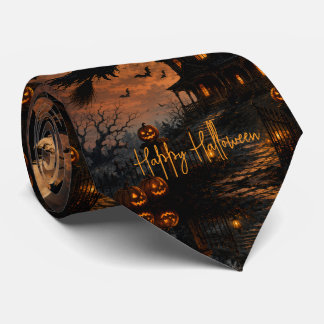 Halloween Spooky Witch Flying Over Haunted House w Tie