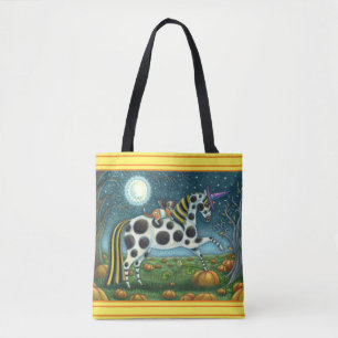 HALLOWEEN SPOTTED PONY AND BAT CAT Whimsical Horse Tote Bag