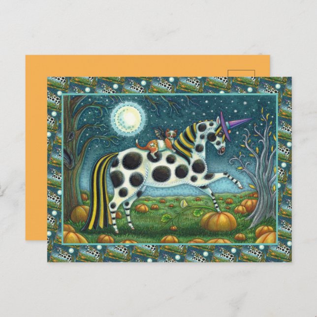 HALLOWEEN SPOTTED PONY & BAT CAT Fantasy Horse Holiday Postcard (Front/Back)