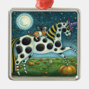 HALLOWEEN SPOTTED PONY & BAT CAT Fantasy Horse Metal Ornament