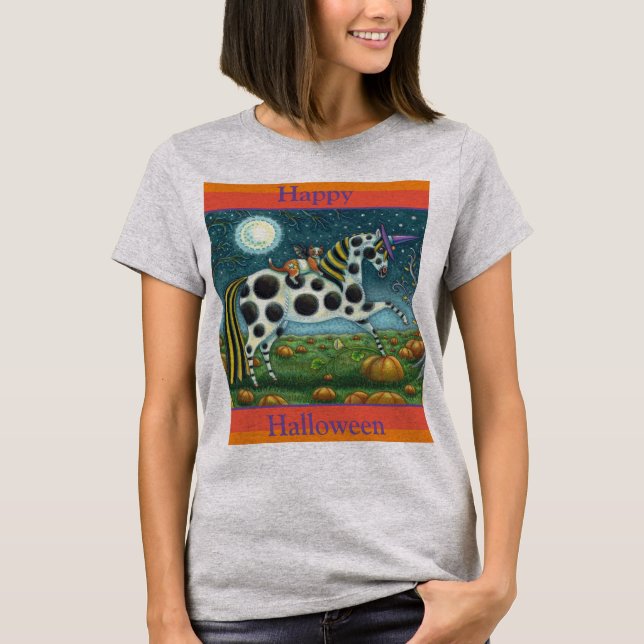 HALLOWEEN SPOTTED PONY & BAT CAT Fantasy Horse T-Shirt (Front)