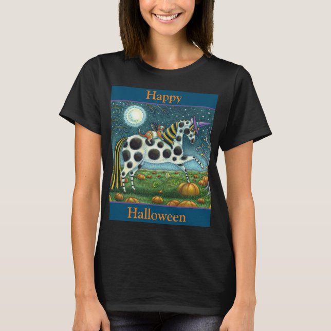 HALLOWEEN SPOTTED PONY & BAT CAT Fantasy Horse T-Shirt (Front)