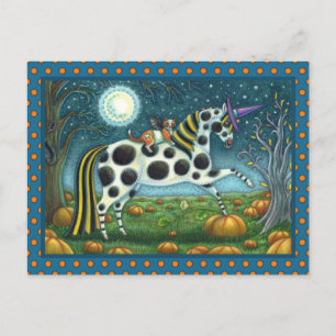HALLOWEEN SPOTTED PONY & BAT CAT Whimsical Horse Postcard