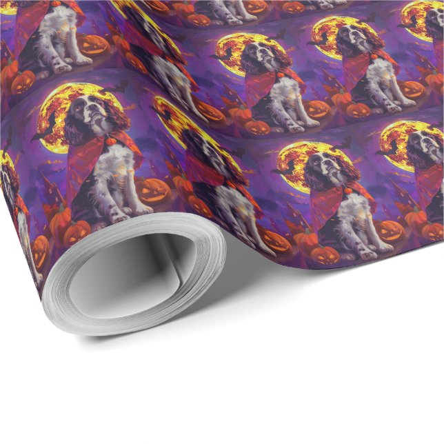 Halloween Springer Spaniel Vampire Pumpkins Scary Wrapping Paper (Roll Corner)