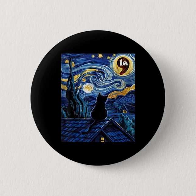 Halloween Starry Night Black Cat Comma La Kamala H 2 Inch Round Button (Front)