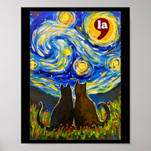 Halloween Starry Night Black Cat Comma La Kamala H Poster
