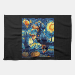 Halloween Starry Night Puppy Dachshund Kitchen Towel