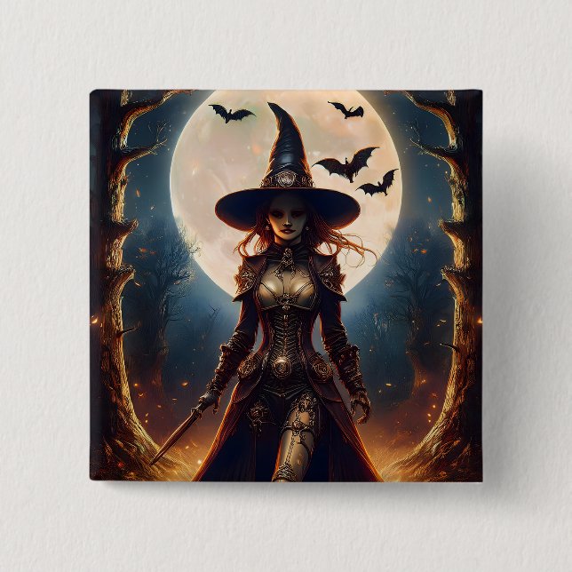 Halloween Steampunk Forest Witch 2 Inch Square Button (Front)