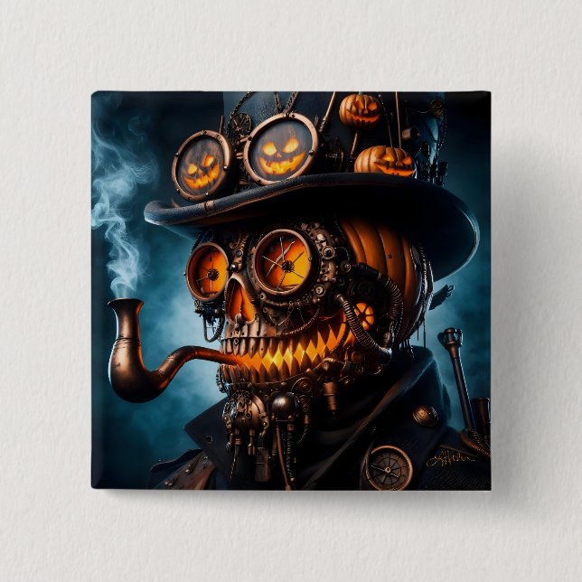 Halloween Steampunk Gothic Jack-O-Lantern 2 Inch Square Button (Front)