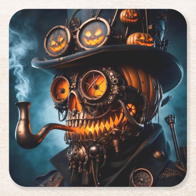 Halloween Steampunk Gothic Jack-O-Lantern Square Paper Coaster (Front)