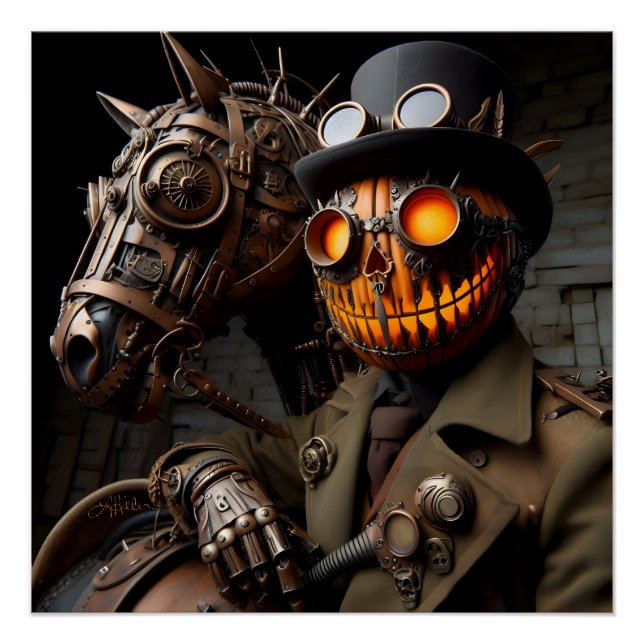 Halloween Steampunk Jack-O-Lantern Horseman Poster (Front)