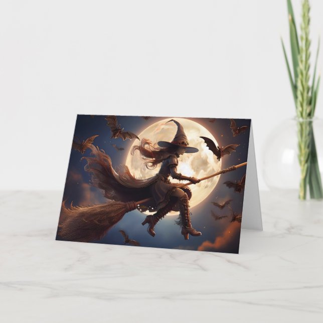 Halloween Steampunk Witch Moonlight Flight Card (Front)