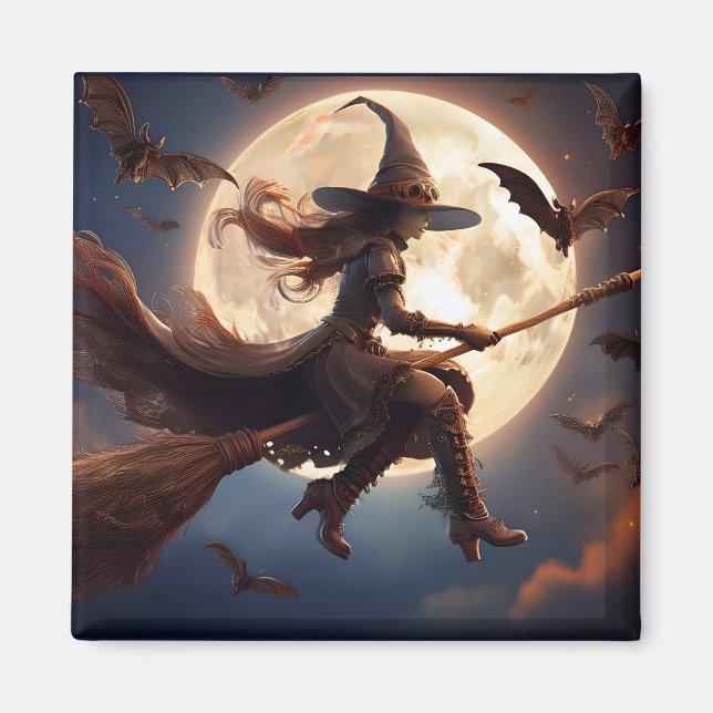Halloween Steampunk Witch Moonlight Flight Magnet (Front)