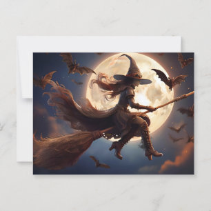 Halloween Steampunk Witch Moonlight Flight Postcard