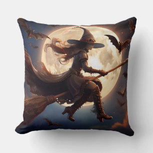 Halloween Steampunk Witch Moonlight Flight Throw Pillow