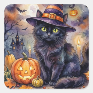 Halloween Sticker - Watercolor Black Cat Witch Hat