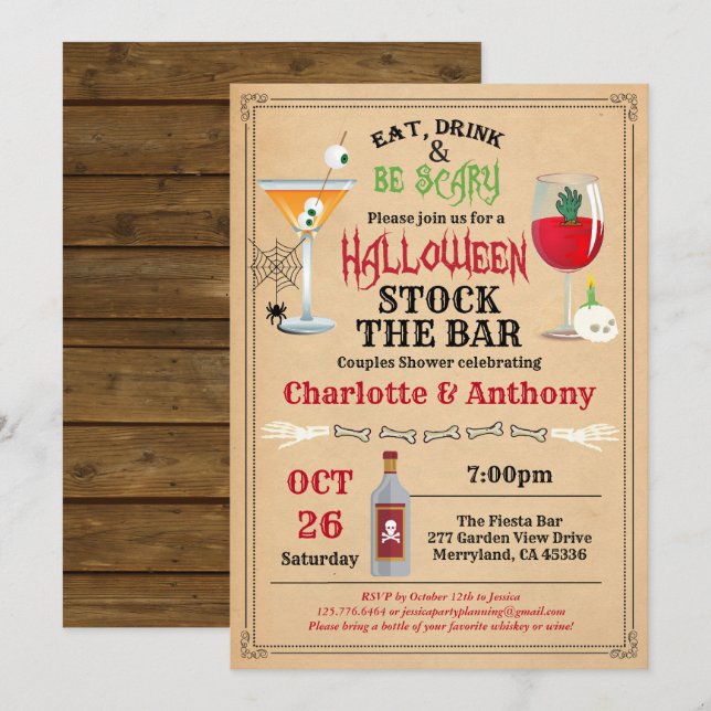 Halloween stock the bar couples shower rustic invitation (Front/Back)