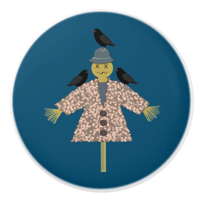 Halloween Straw Scarecrow and Ravens Ceramic Knob (Front)