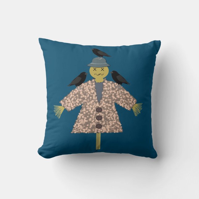 Halloween Straw Scarecrow and Ravens Double sided Throw Pillow (Front)