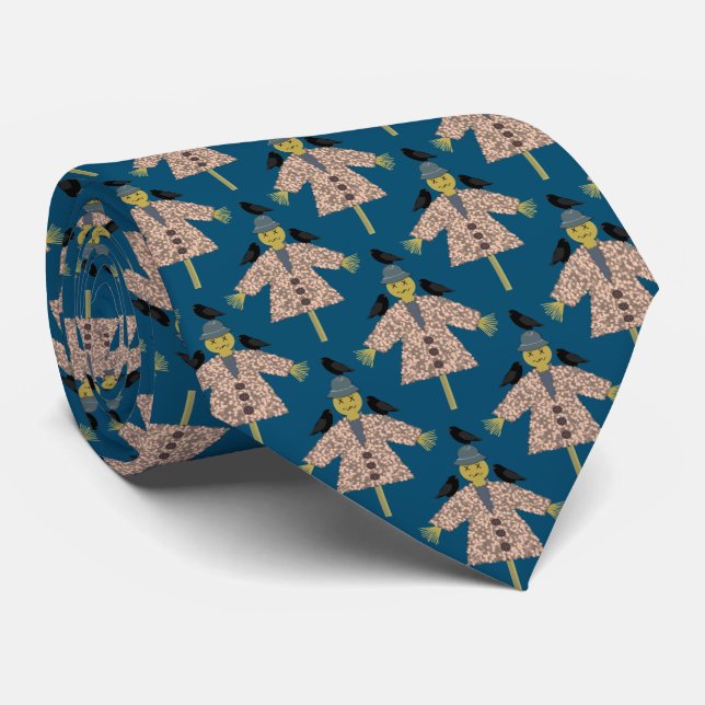 Halloween Straw Scarecrow and Ravens Patterned Tie (Rolled)