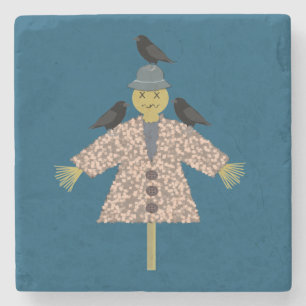 Halloween Straw Scarecrow and Ravens Stone Coaster
