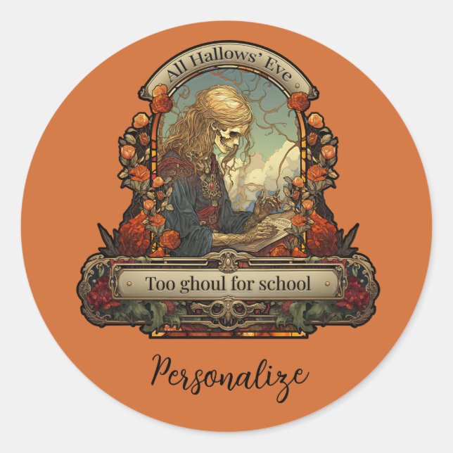 Halloween Student Skeleton Funny Quote Personalize Classic Round Sticker (Front)