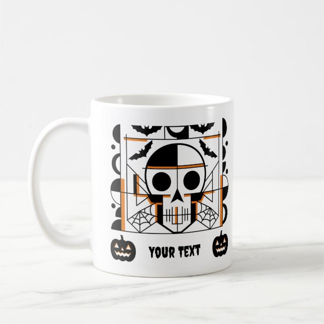 Halloween-style skull, bats, spider webs coffee mug (Left)