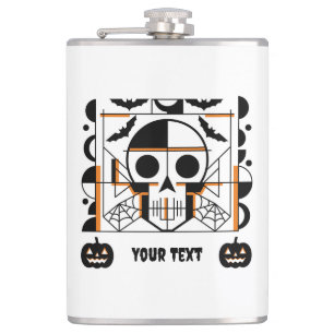 Halloween-style skull, bats, spider webs hip flask