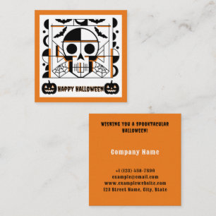 Halloween-style skull, bats, spider webs square business card