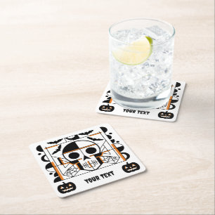Halloween-style skull, bats, spider webs square paper coaster