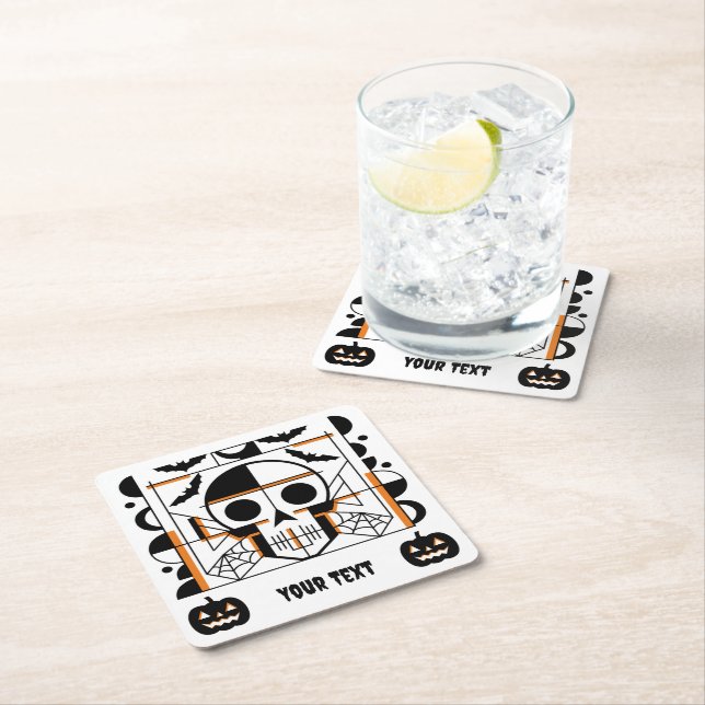 Halloween-style skull, bats, spider webs square paper coaster (Insitu)
