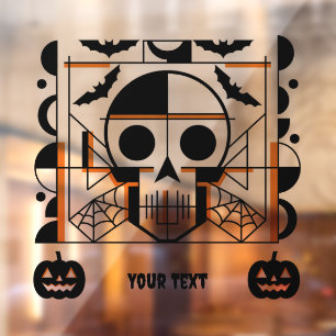 Halloween-style skull, bats, spider webs window cling