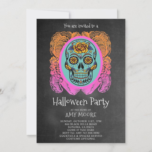 Halloween Sugar Skull Chalkboard Party Invitation (Front)