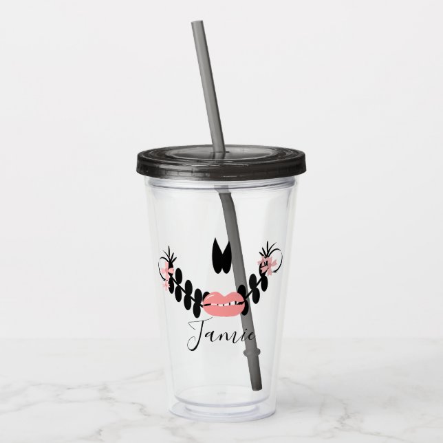 Halloween Sugar Skull Half Script Monogrammed  Acrylic Tumbler (Left)