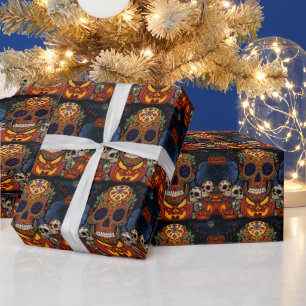 Halloween, Sugar Skull Pumpkins Fiesta, Calavera Wrapping Paper