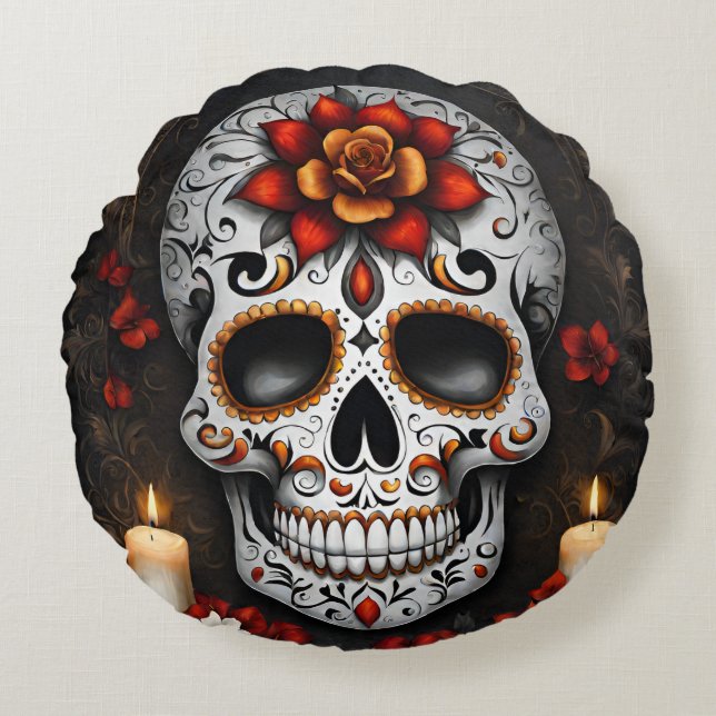 Halloween Sugar Skull Round Pillow (Front)