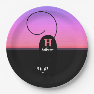 Halloween Sunset Black Cat Monogram Paper Plate
