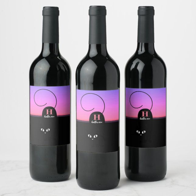 Halloween Sunset Black Cat Monogram Wine Label (Bottles)