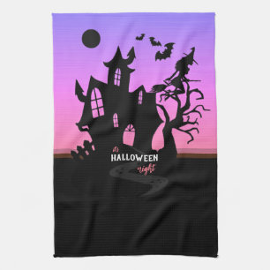 Halloween Sunset Night Witch and Bats Hunted House Kitchen Towel