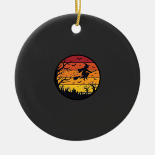 Halloween Sunset Witch Silhouette Retro Circle Des Ceramic Ornament
