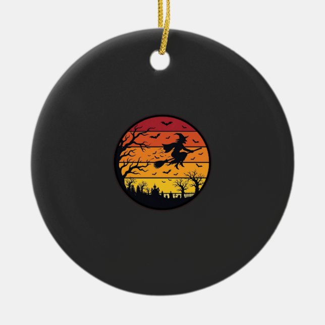 Halloween Sunset Witch Silhouette Retro Circle Des Ceramic Ornament (Front)