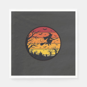 Halloween Sunset Witch Silhouette Retro Circle Des Napkin