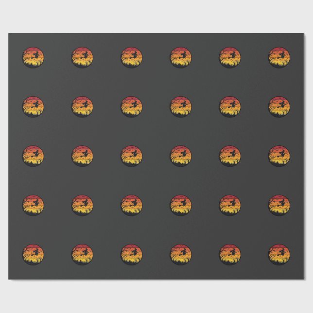 Halloween Sunset Witch Silhouette Retro Circle Des Wrapping Paper (Flat)