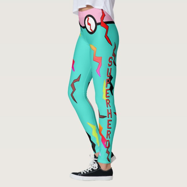 Halloween Superhero Turquoise Pink Lightning Bolts Leggings (Left)
