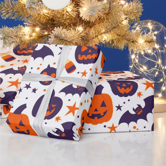 Halloween Symbol Pattern Purple Orange White Wrapping Paper (Holidays)