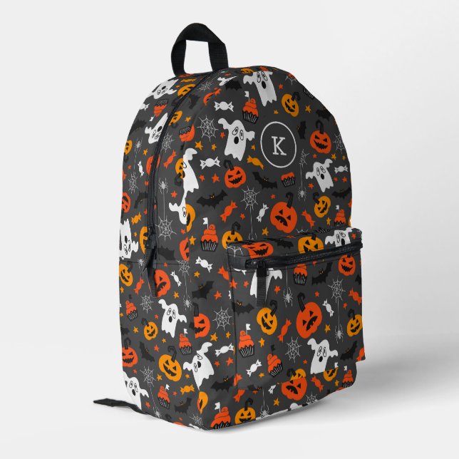 Halloween symbols seamless pattern monogram printed backpack (Back Corner Left)